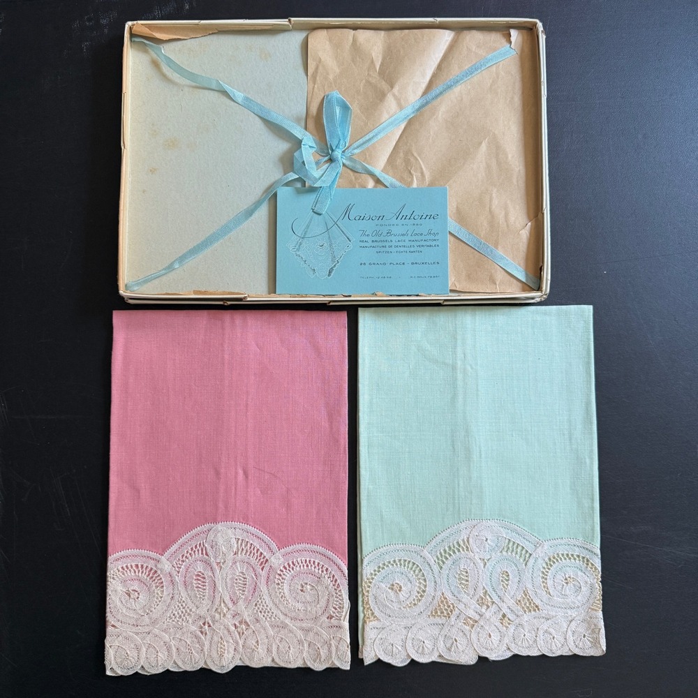 Maison Antoine Brussels Lace Linen Placemats Pink Green Vintage Set of 2